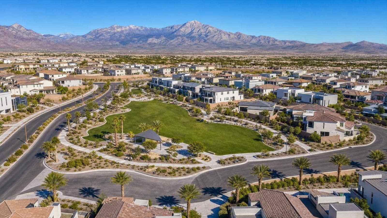 Condominium and townhome community in Enterprise, Las Vegas with desert landscaping and mountain views