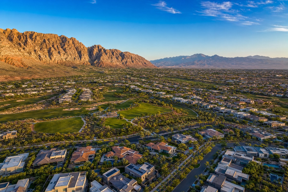 Aerial view of Summerlin master-planned community in Las Vegas with tree-lined streets, parks, and the Red Rock escarpment behind