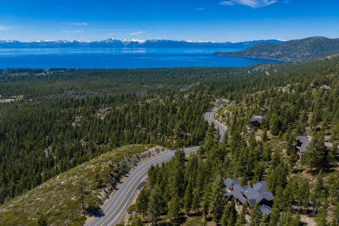 Aerial of the Mount Rose Highway corridor above Lake Tahoe, Nevada